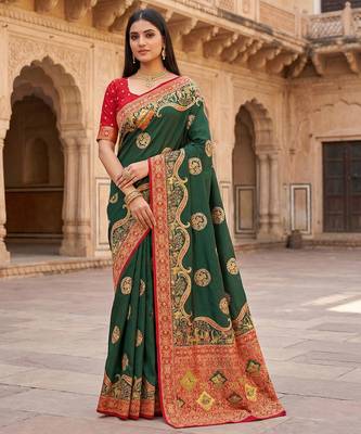 Green pashmina paithani silk saree with beautifully multicolor border and pallu 1