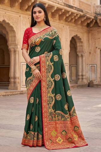 Green pashmina paithani silk saree with beautifully multicolor border and pallu