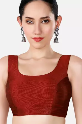 Maroon dupion silk sleeveless readymade saree blouse