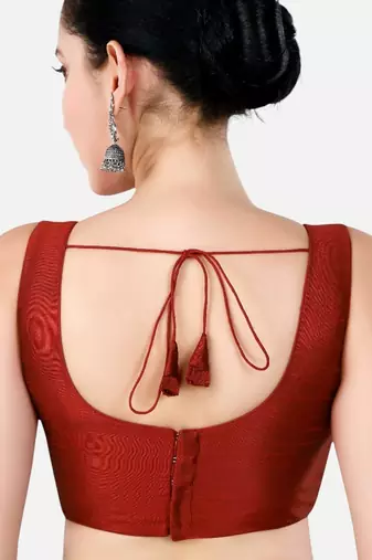 Maroon dupion silk sleeveless readymade saree blouse