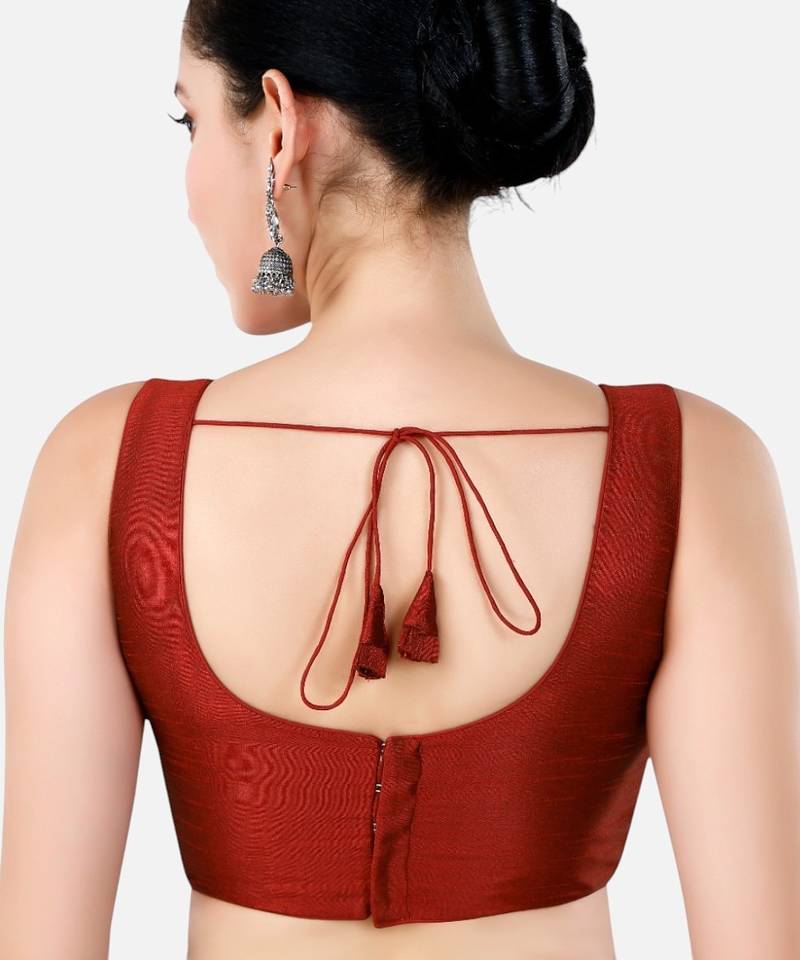 Maroon dupion silk sleeveless readymade saree blouse