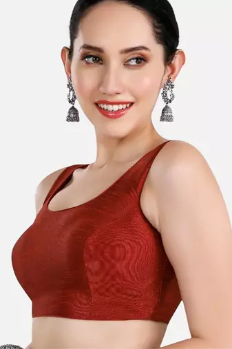 Maroon dupion silk sleeveless readymade saree blouse