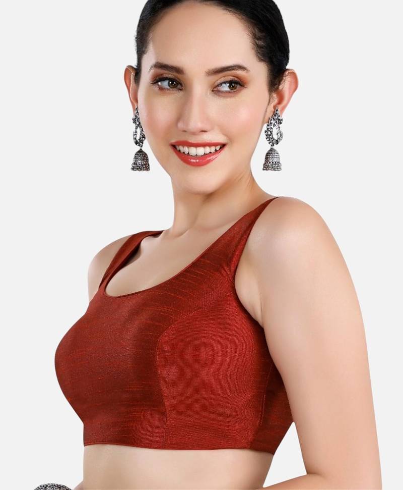 Maroon dupion silk sleeveless readymade saree blouse