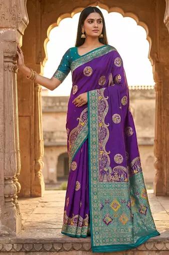 Purple pashmina paithani silk saree with beautifully multicolor border and pallu