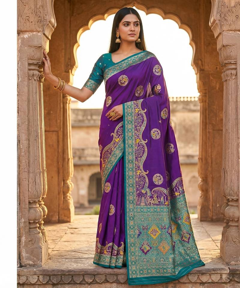 Purple pashmina paithani silk saree with beautifully multicolor border and pallu