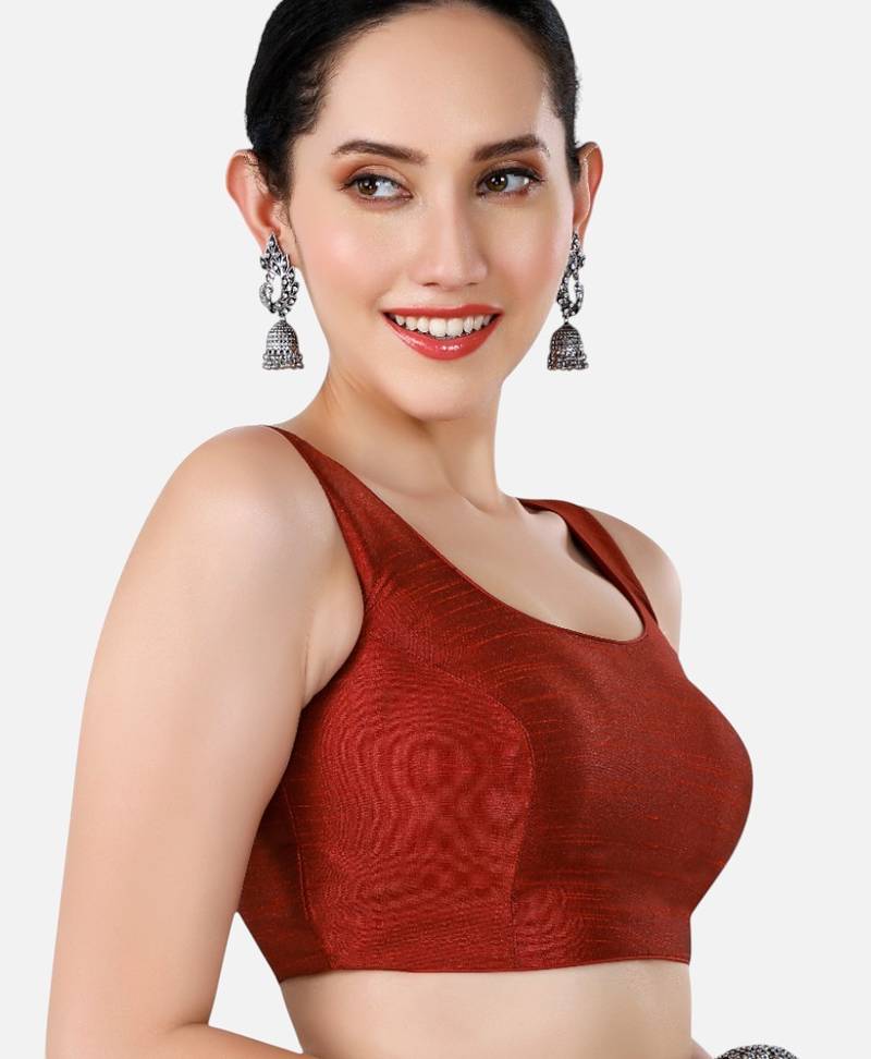 Maroon dupion silk sleeveless readymade saree blouse