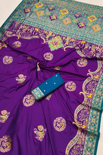Purple pashmina paithani silk saree with beautifully multicolor border and pallu