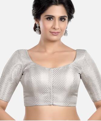 Silver brocade printed readymade saree blouse 1