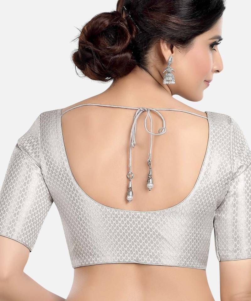 Silver brocade printed readymade saree blouse