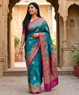Sky blue pashmina paithani silk saree with beautifully multicolor border and pallu 1