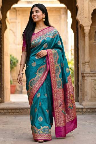 Sky blue pashmina paithani silk saree with beautifully multicolor border and pallu