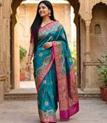 Sky blue pashmina paithani silk saree with beautifully multicolor border and pallu