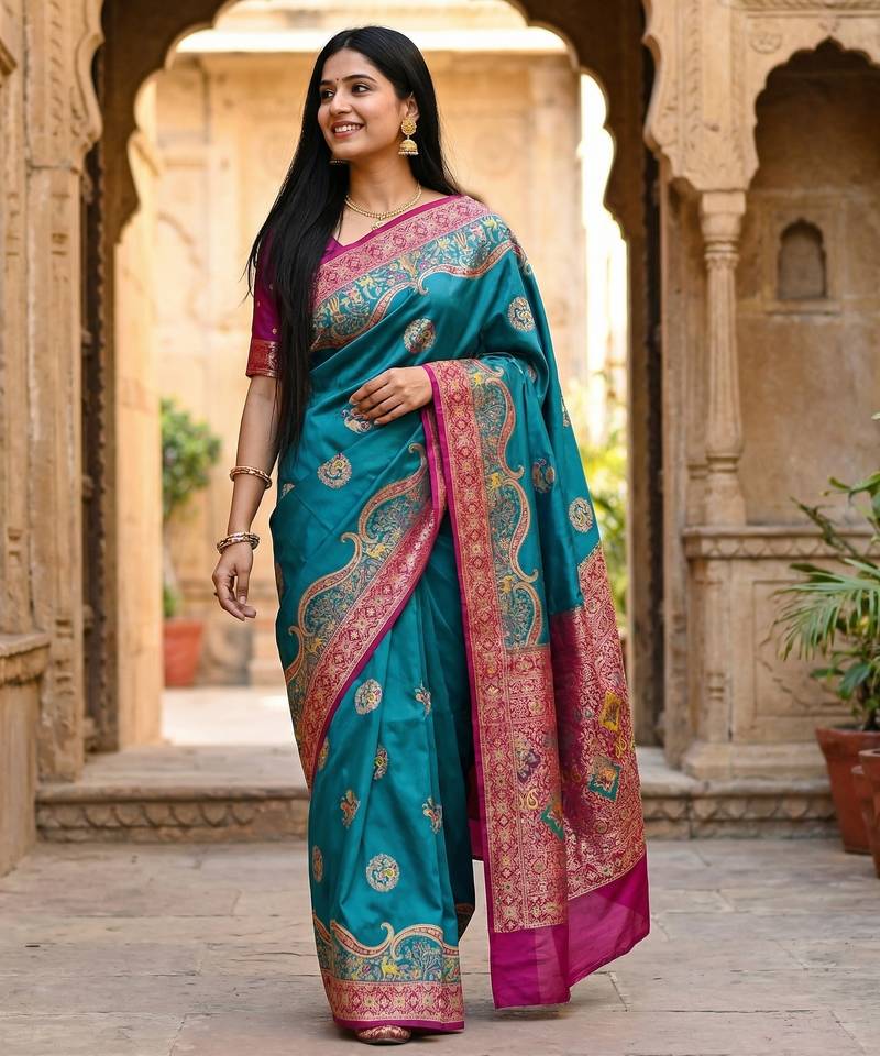 Sky blue pashmina paithani silk saree with beautifully multicolor border and pallu