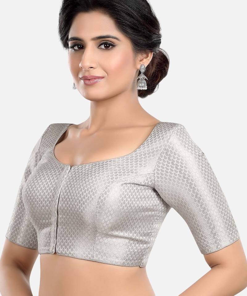 Silver brocade printed readymade saree blouse