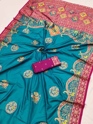 Sky blue pashmina paithani silk saree with beautifully multicolor border and pallu 2