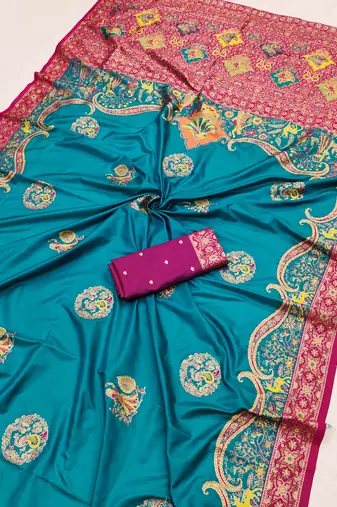 Sky blue pashmina paithani silk saree with beautifully multicolor border and pallu
