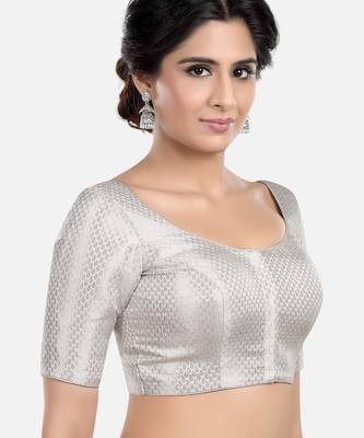 Silver brocade printed readymade saree blouse 4