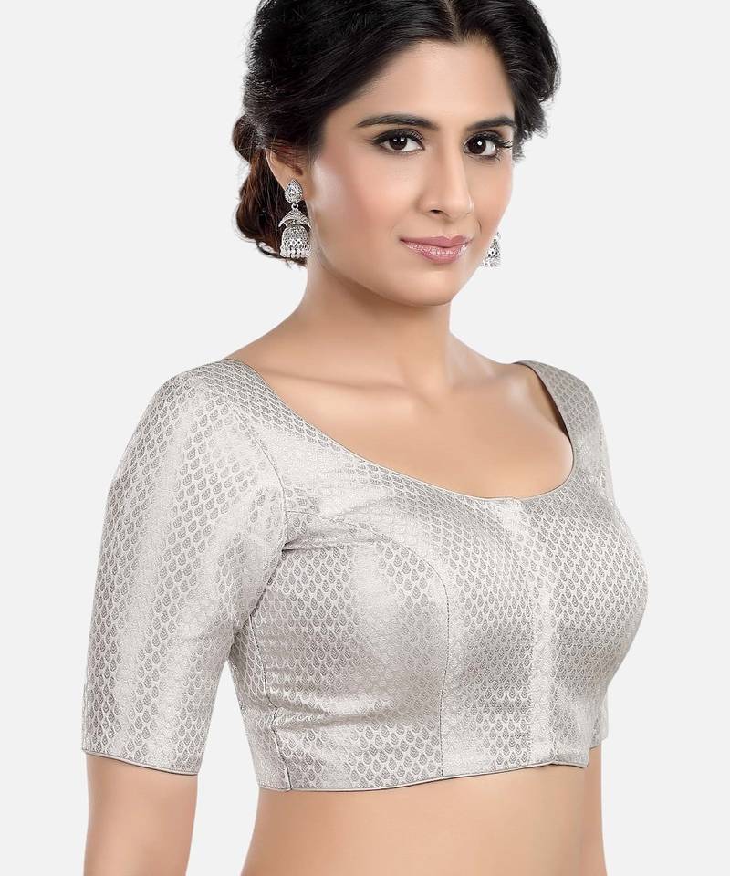 Silver brocade printed readymade saree blouse