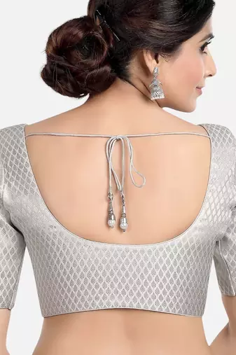 Silver brocade printed readymade saree blouse