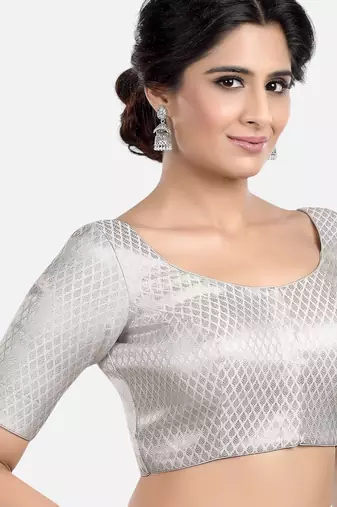 Silver brocade printed readymade saree blouse