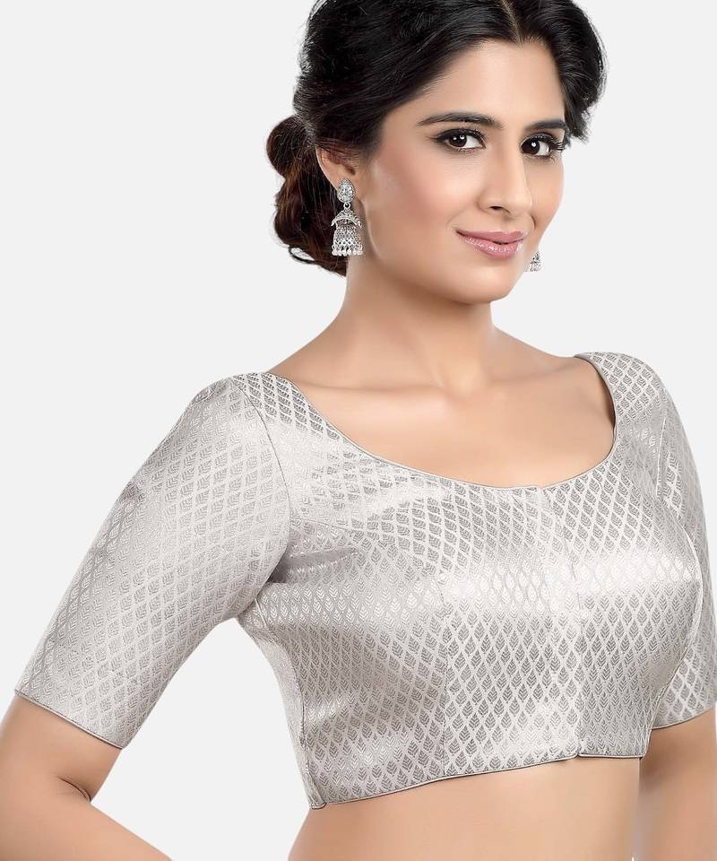 Silver brocade printed readymade saree blouse