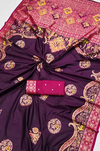 Wine pashmina paithani silk saree with beautifully multicolor border and pallu
