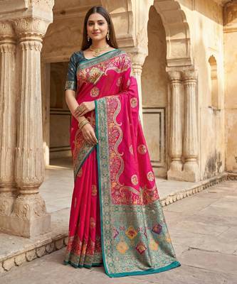 Pink pashmina paithani silk saree with beautifully multicolor border and pallu 1