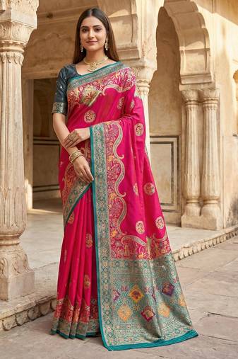 Pink pashmina paithani silk saree with beautifully multicolor border and pallu