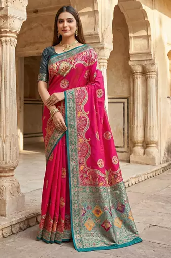 Pink pashmina paithani silk saree with beautifully multicolor border and pallu