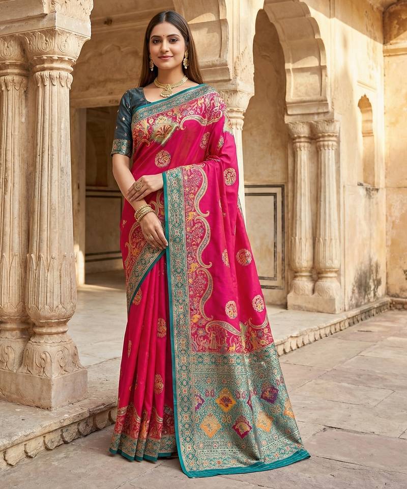 Pink pashmina paithani silk saree with beautifully multicolor border and pallu
