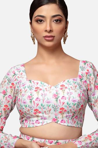 White cotton deep neck full sleeves readymade blouse