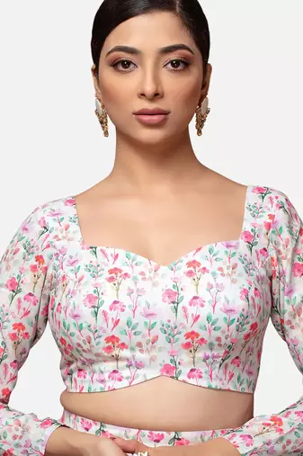 White cotton deep neck full sleeves readymade blouse