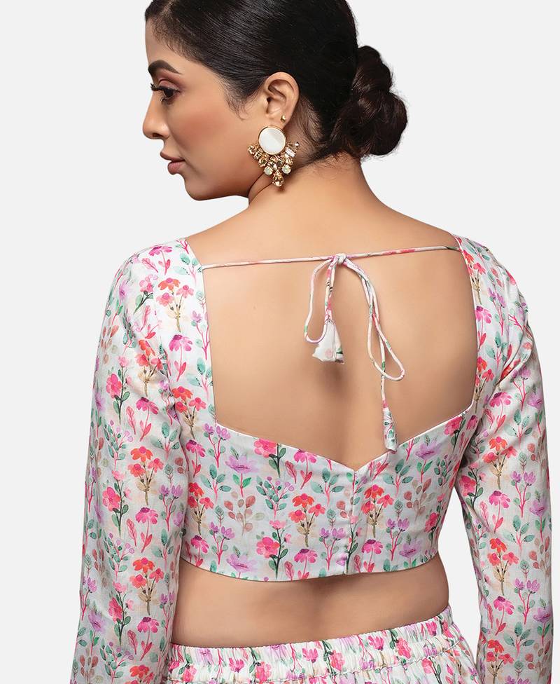 White cotton deep neck full sleeves readymade blouse