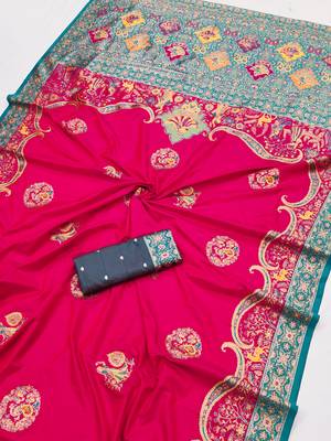 Pink pashmina paithani silk saree with beautifully multicolor border and pallu 2