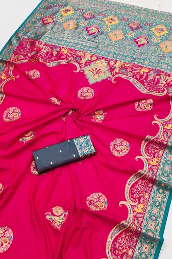 Pink pashmina paithani silk saree with beautifully multicolor border and pallu