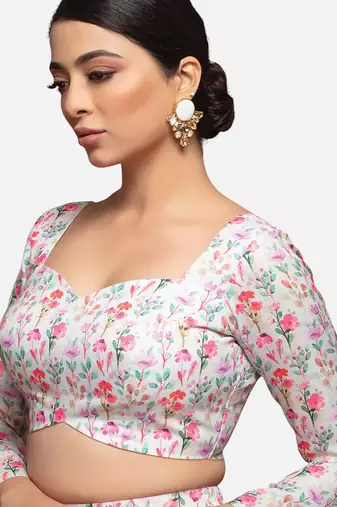 White cotton deep neck full sleeves readymade blouse