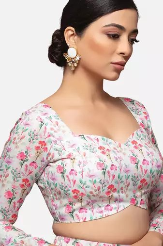 White cotton deep neck full sleeves readymade blouse