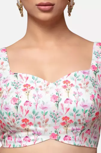 White cotton deep neck full sleeves readymade blouse