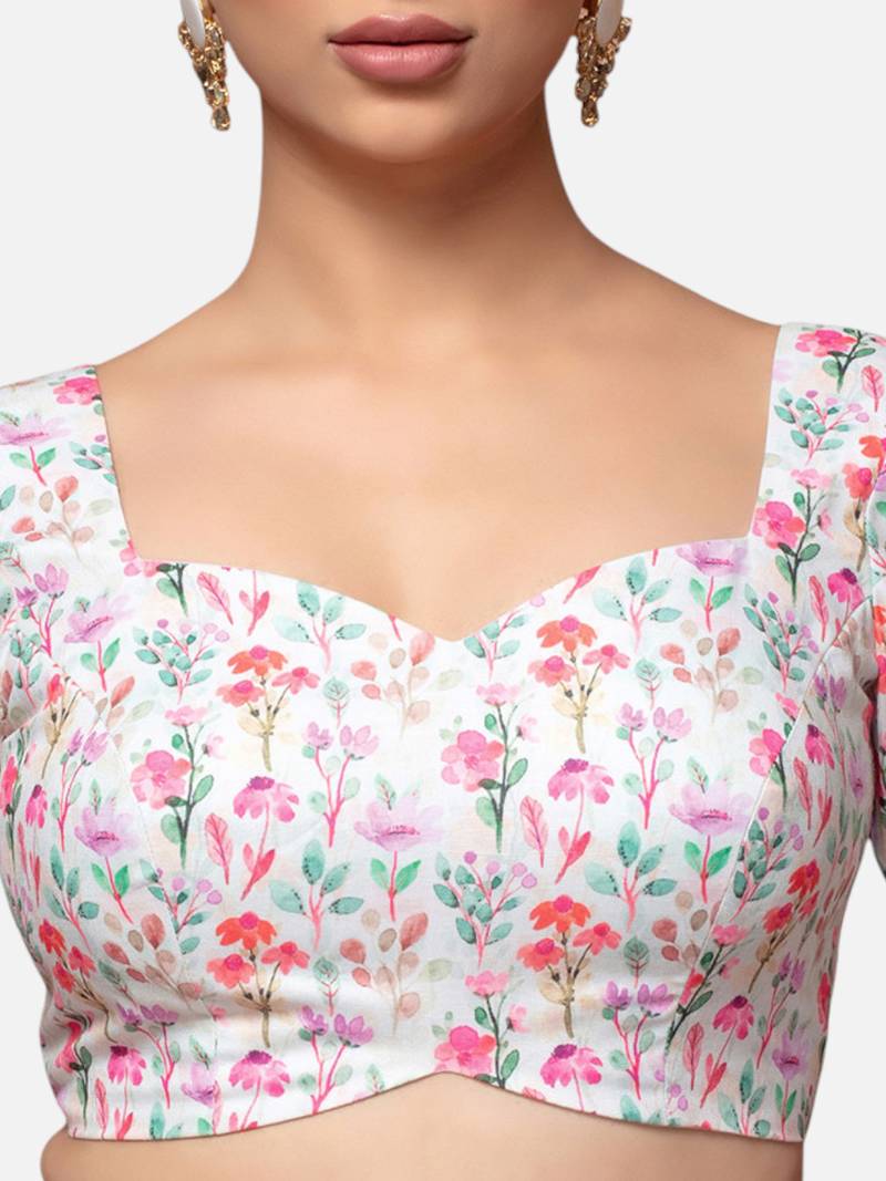 White cotton deep neck full sleeves readymade blouse