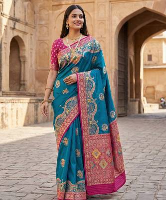 Teal pashmina paithani silk saree with beautifully multicolor border and pallu 1