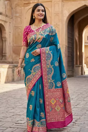 Teal pashmina paithani silk saree with beautifully multicolor border and pallu