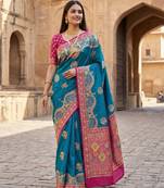 Teal pashmina paithani silk saree with beautifully multicolor border and pallu