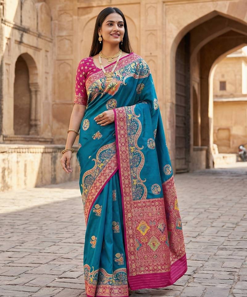 Teal pashmina paithani silk saree with beautifully multicolor border and pallu