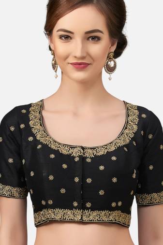 Embroidered black silk georgette princess cut padded readymade saree blouse