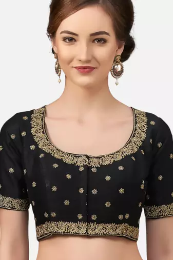 Embroidered black silk georgette princess cut padded readymade saree blouse