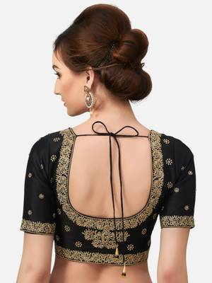 Embroidered black silk georgette princess cut padded readymade saree blouse 2