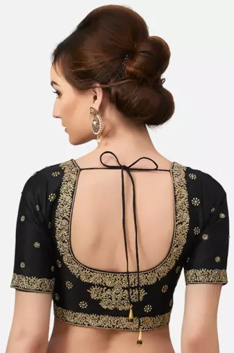 Embroidered black silk georgette princess cut padded readymade saree blouse