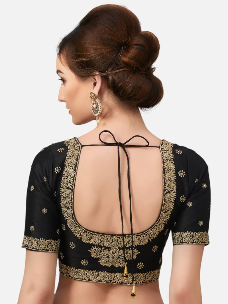 Embroidered black silk georgette princess cut padded readymade saree blouse