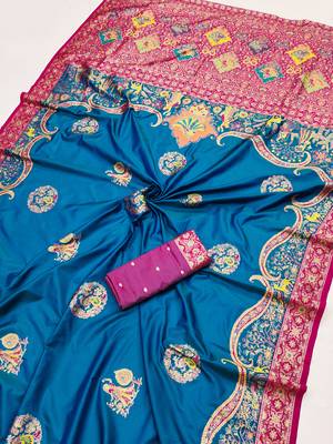 Teal pashmina paithani silk saree with beautifully multicolor border and pallu 2