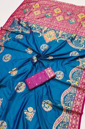 Teal pashmina paithani silk saree with beautifully multicolor border and pallu